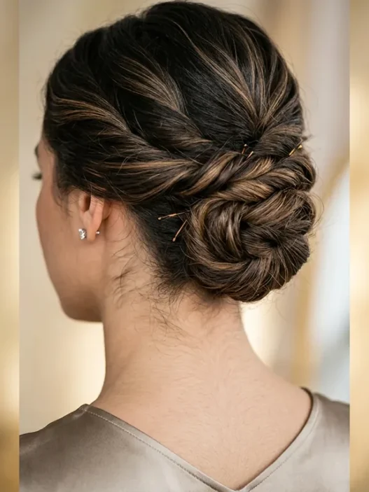 Close-up view of elegant updo at nape of neck showing intricate pin placement and twisted hair sections