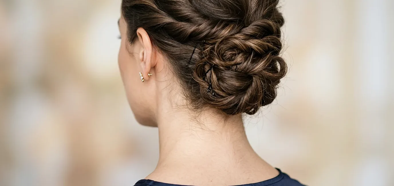 Close-up view from behind showing elegant updo with visible bobby pin placement and twisted hair sections