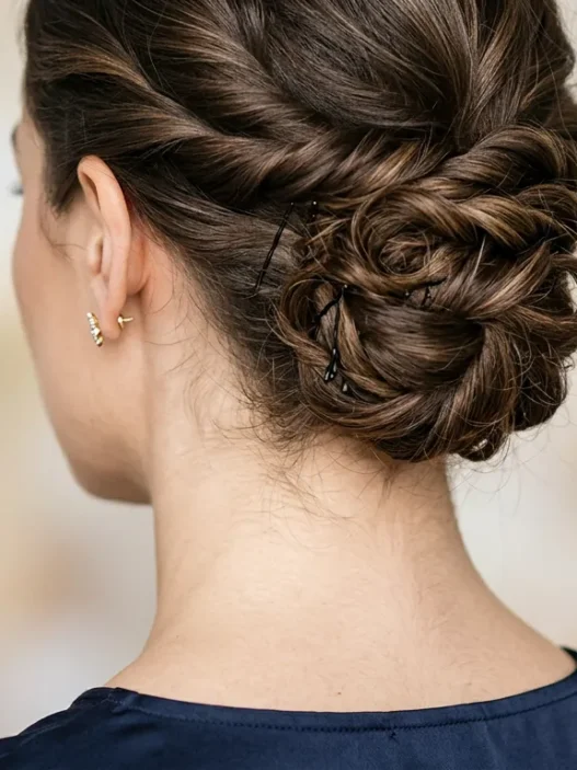 Close-up view from behind showing elegant updo with visible bobby pin placement and twisted hair sections