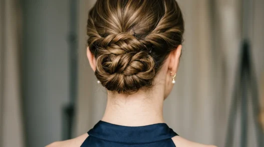 Close-up of elegant updo from behind showing bobby pin placement and twisted hair sections at nape