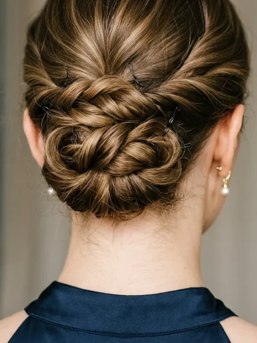 Close-up of elegant updo from behind showing bobby pin placement and twisted hair sections at nape