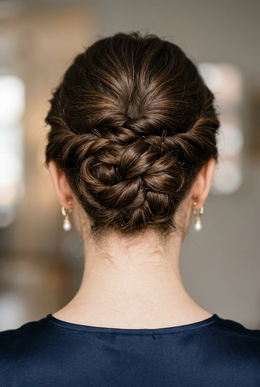 Close-up view from behind showing elegant bridal updo with visible bobby pin placement and twisted hair sections