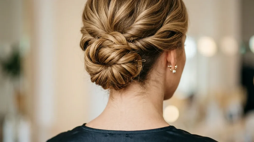 Close-up of elegant updo showing bobby pin placement and twisted hair sections