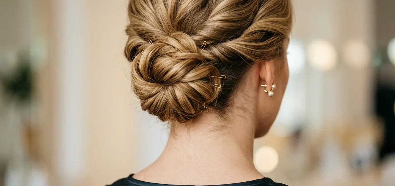 Close-up of elegant updo showing bobby pin placement and twisted hair sections