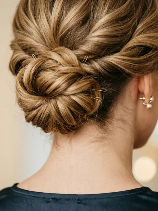 Close-up of elegant updo showing bobby pin placement and twisted hair sections