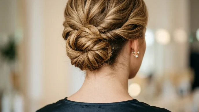 Close-up of elegant updo showing bobby pin placement and twisted hair sections