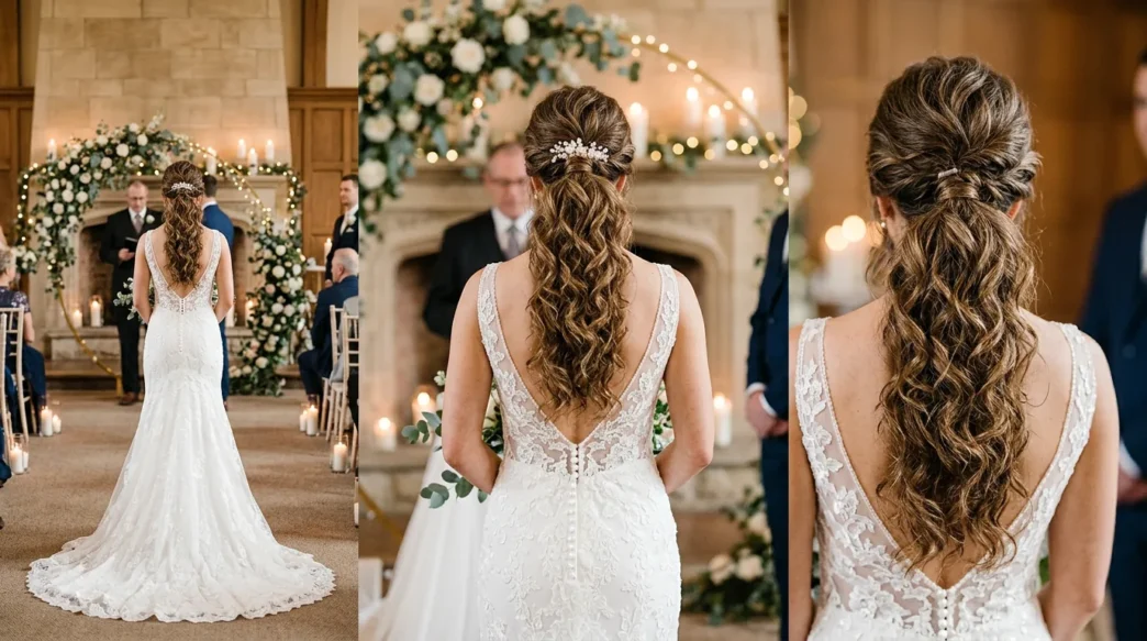 Bride with elegant wedding ponytail showing volume at crown and textured curls from behind at ceremony