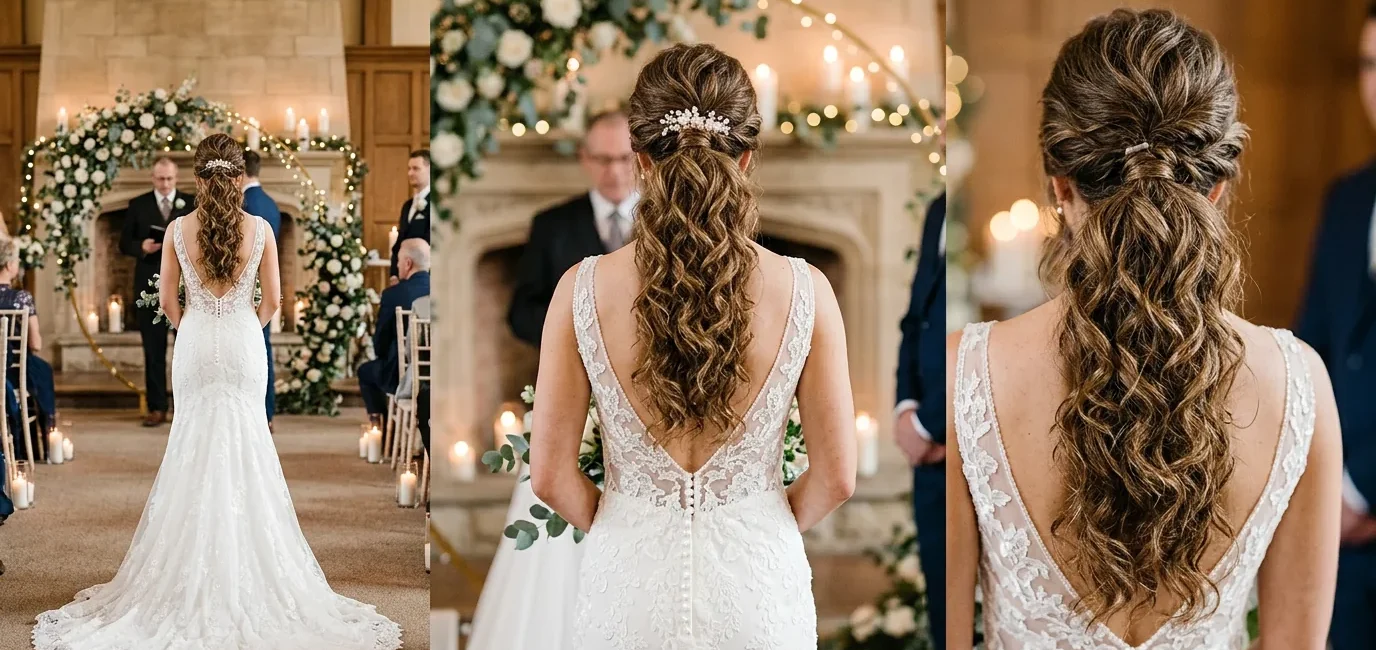 Bride with elegant wedding ponytail showing volume at crown and textured curls from behind at ceremony