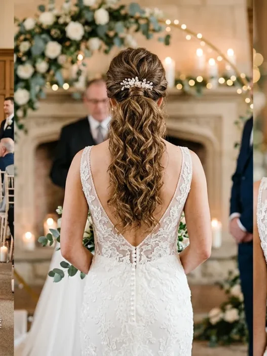 Bride with elegant wedding ponytail showing volume at crown and textured curls from behind at ceremony