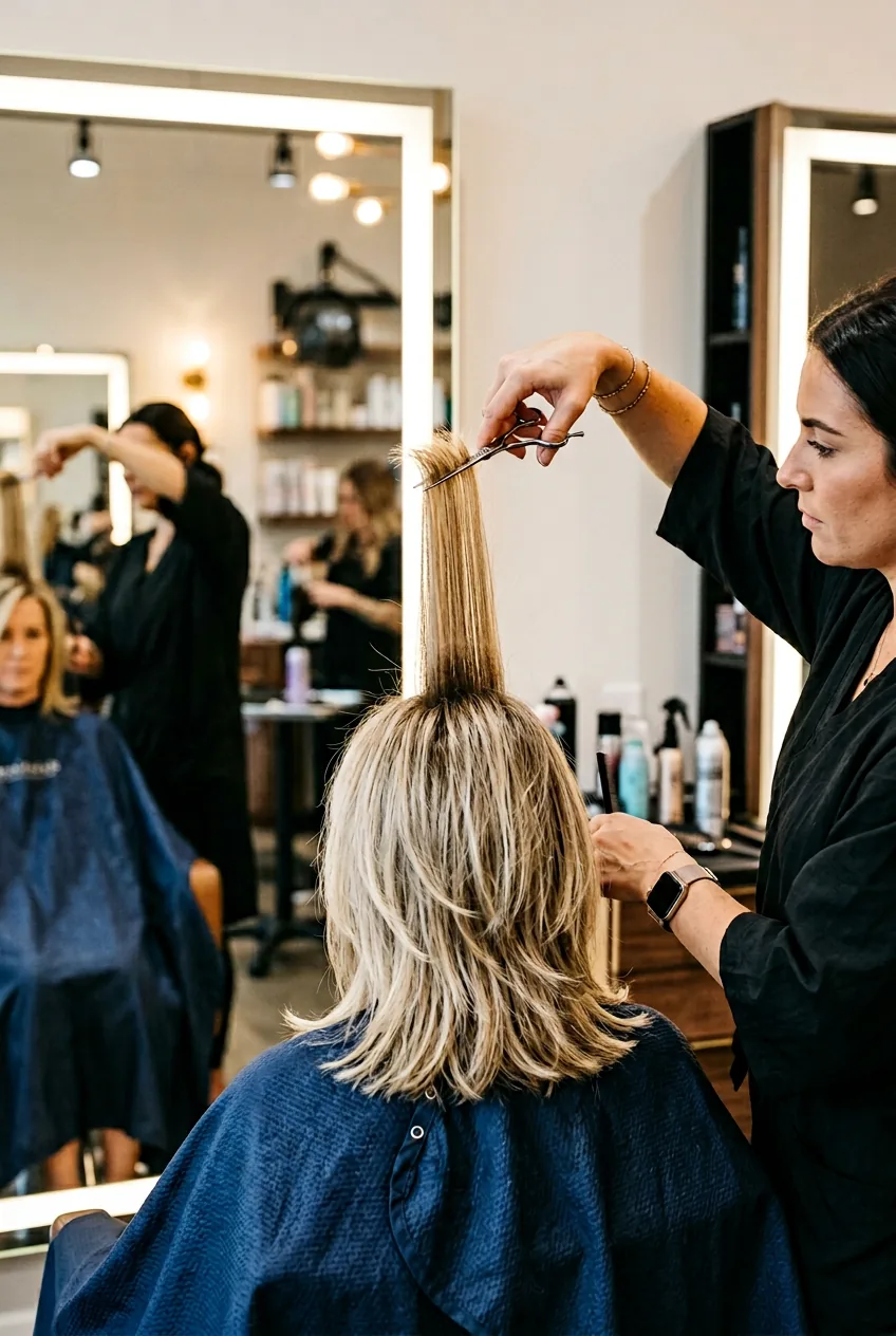 Hair section lifted straight up during elevation refinement showing seamless layer transitions in salon mirror