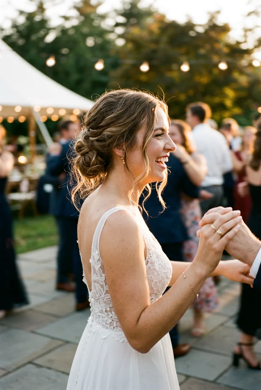 Bride at end of wedding day with slightly loosened updo and romantic escaped pieces during dancing scene