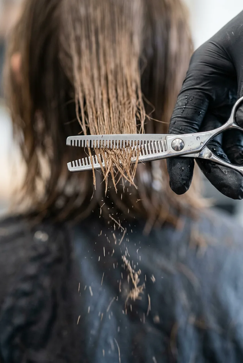Extreme close-up of thinning shears texturizing layered hair ends with falling cut fragments and stylist's gloved hand