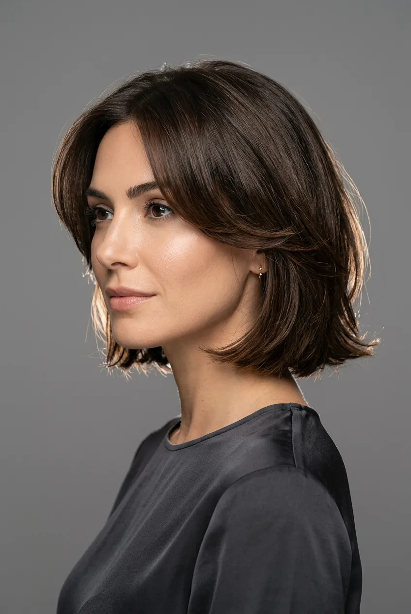 Woman with face-framing curtain layers in bob cut starting at cheekbone level