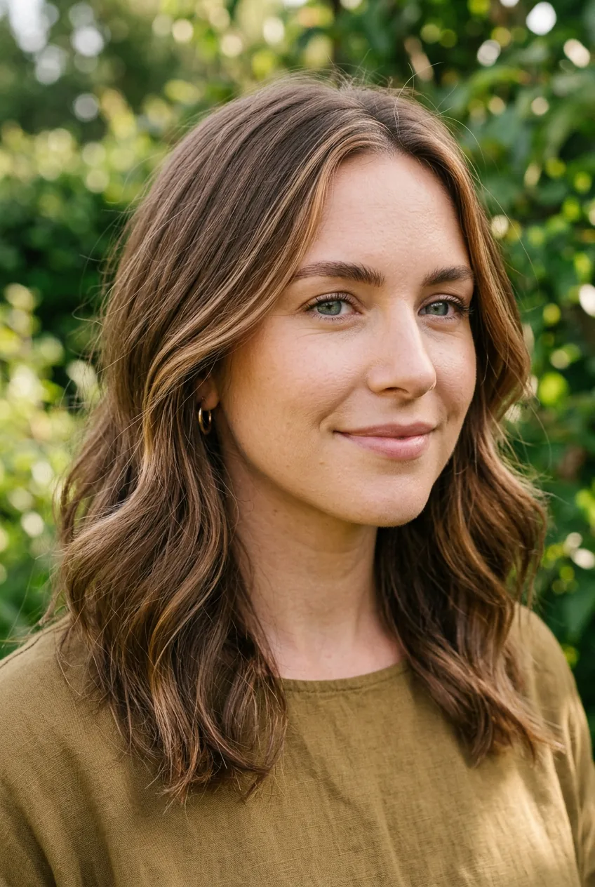 Close-up of face-framing highlights blended naturally into woman's hair color