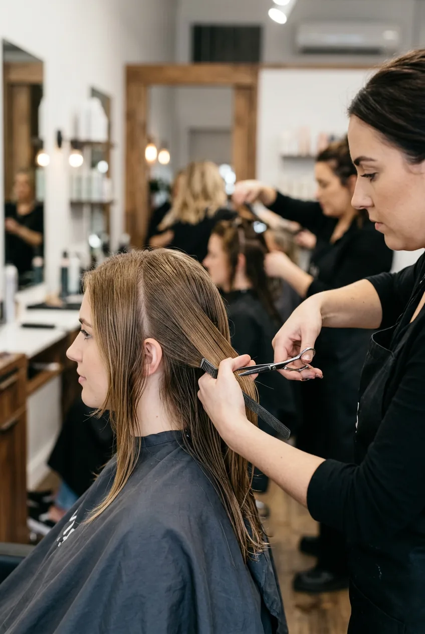 Stylist cutting face-framing layers using triangular sectioning technique on client