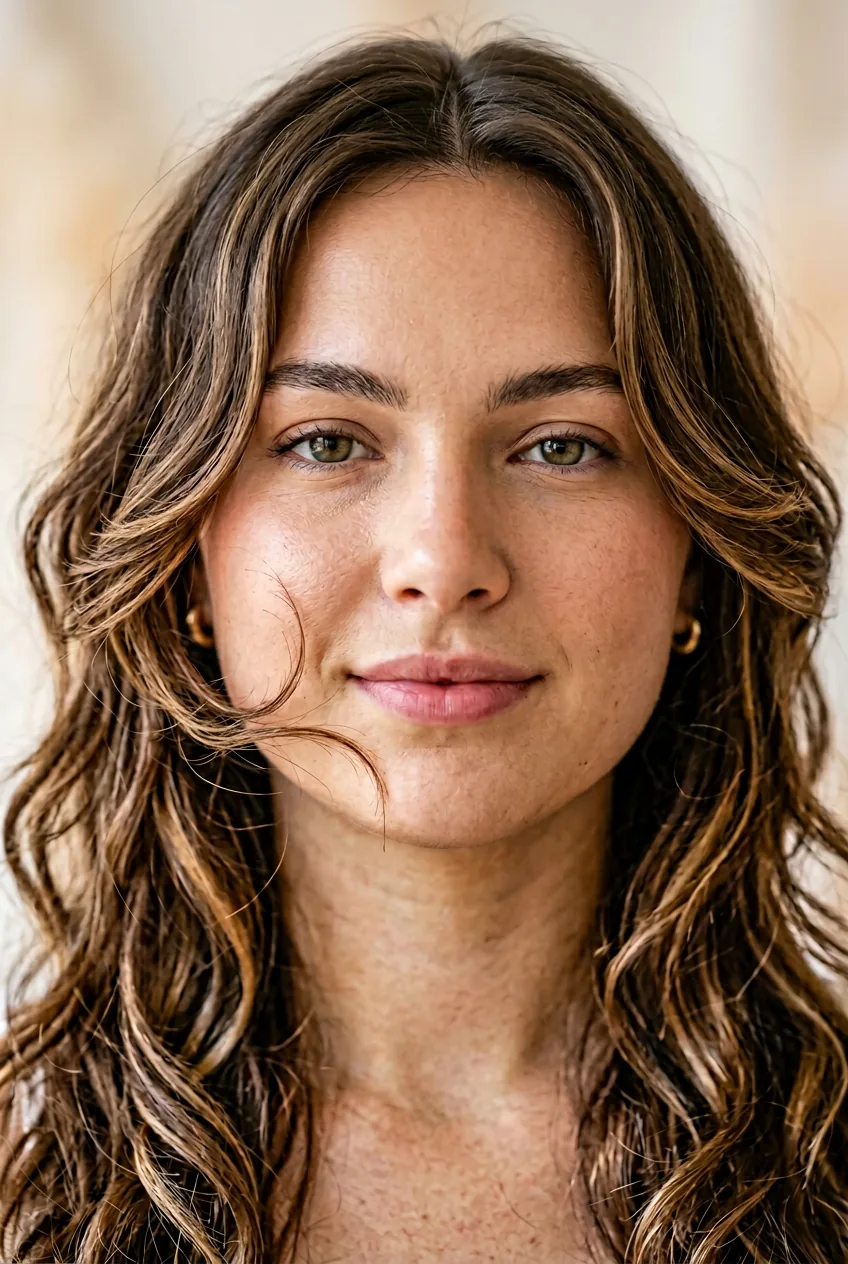 Face-framing layers starting below ear level on woman with round face shape