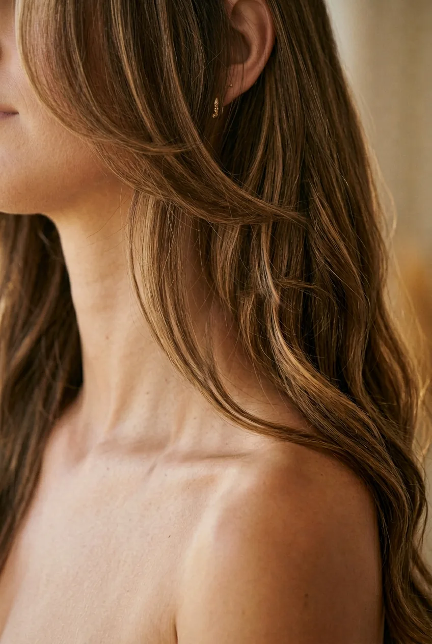 Close-up of face-framing layers around jawline area with natural wave movement in golden lighting
