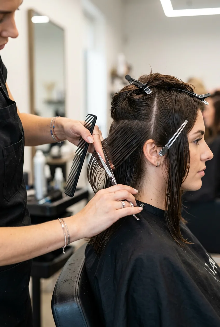 Stylist cutting face-framing wing layers around client's jawline creating graduated butterfly effect