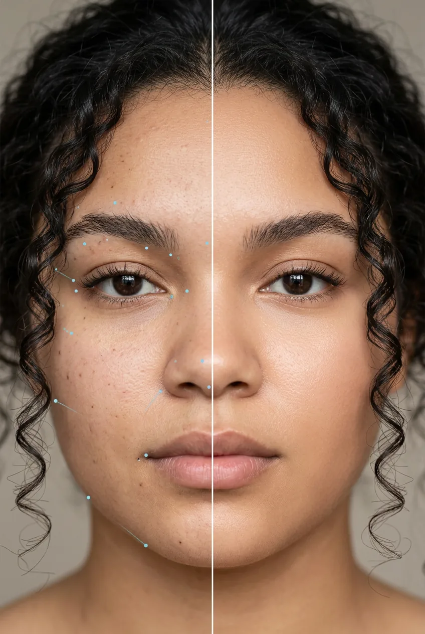Round face mapping technique showing key measurement points for haircut planning