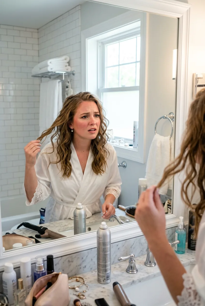Woman examining failed tight curls that have fallen flat in mirror reflection