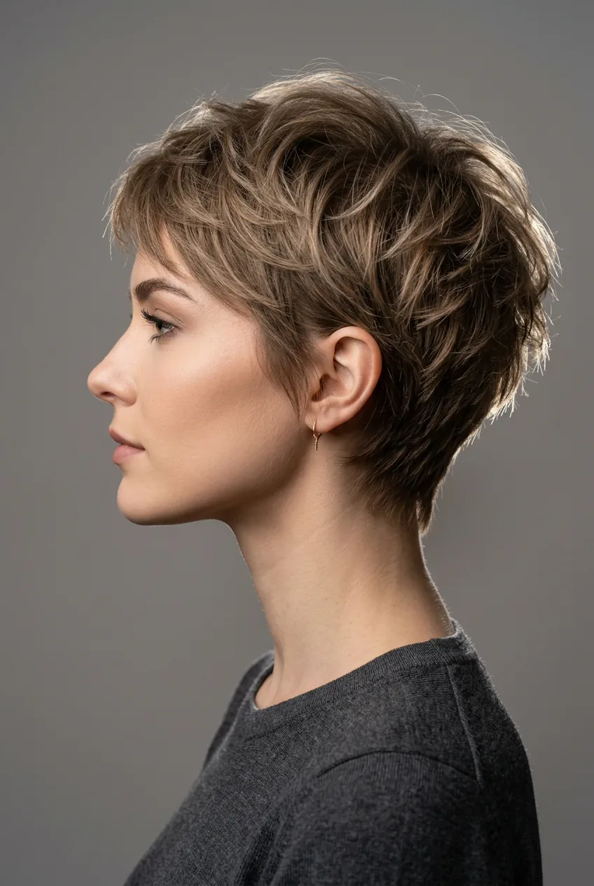 Woman with feathered pixie cut displaying soft textured layers and natural lift in side view