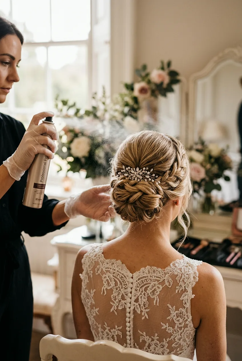 Final hairspray application to completed bridal bun from proper distance