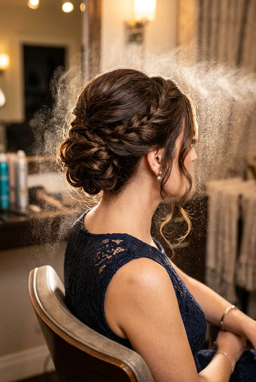 Final elegant layered updo result with hairspray mist and loose face-framing pieces