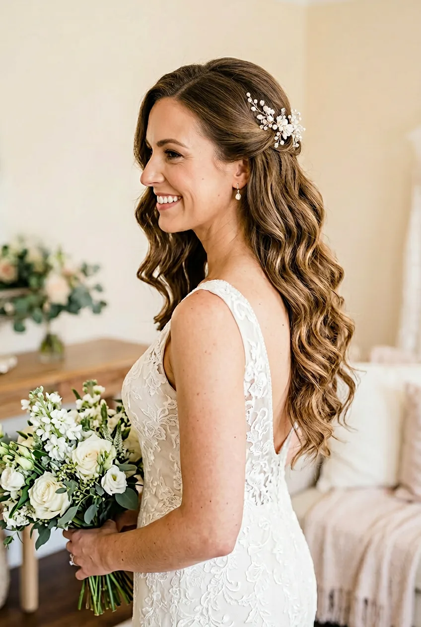 Final romantic wedding hair down style with perfect loose waves and soft texture