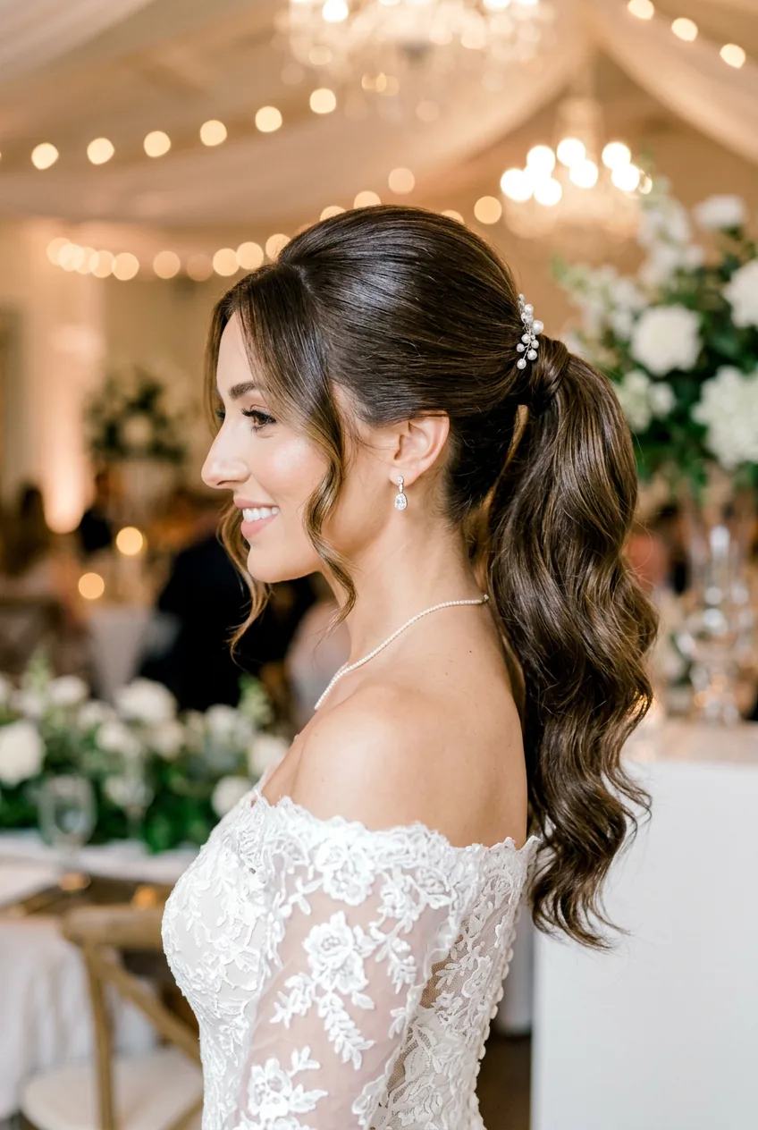 Final wedding ponytail with face-framing pieces and shine finish showing complete bridal style