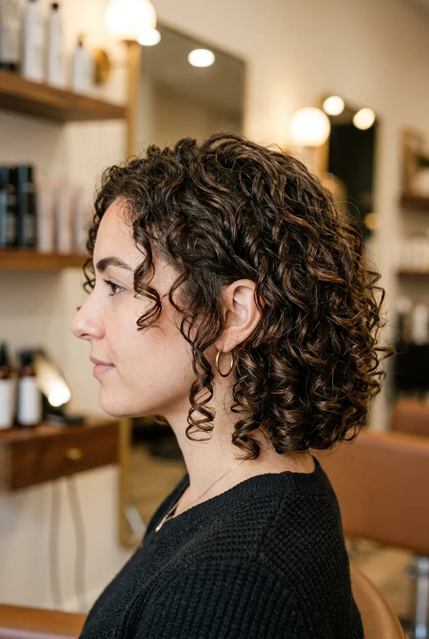 Woman with fine curly hair in layered bob cut at jawline length showing curl definition