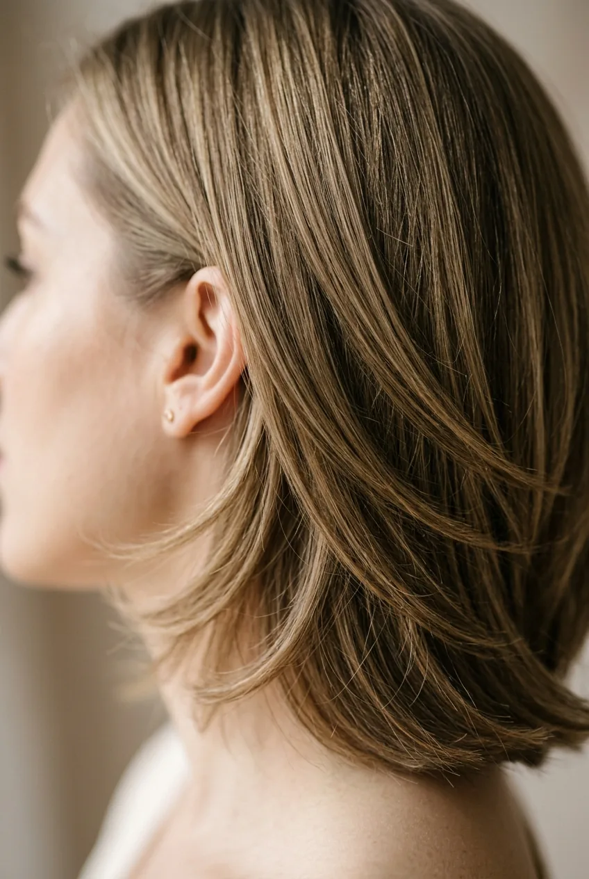 Fine dense hair with long subtle layers maintaining fullness while adding movement