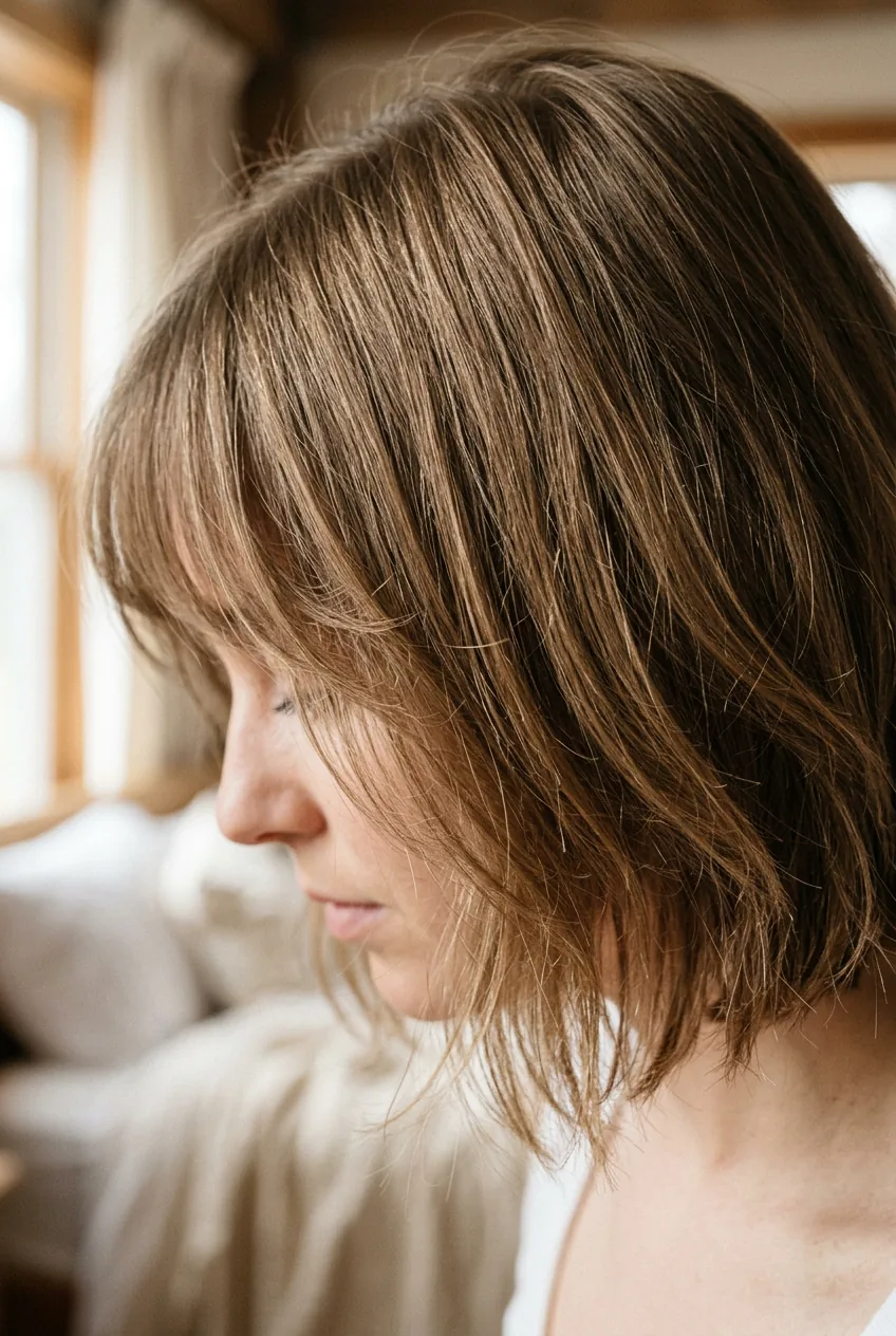 Fine textured hair showing wispy bangs layers adding visual density