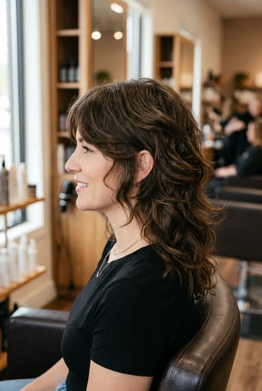 Finished 90s layered haircut showing natural movement and volume from side angle