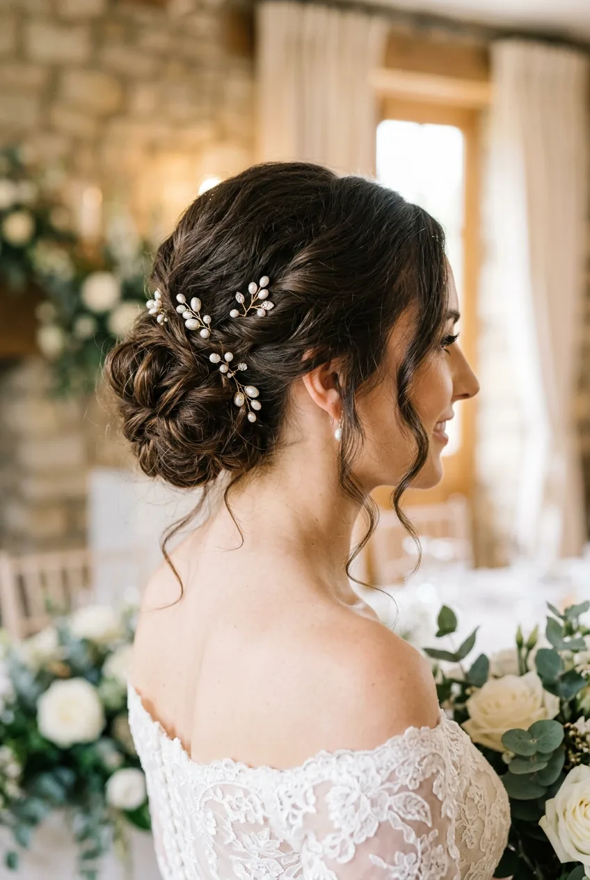 Finished bridal bun with soft romantic texture and face-framing pieces from three-quarter view