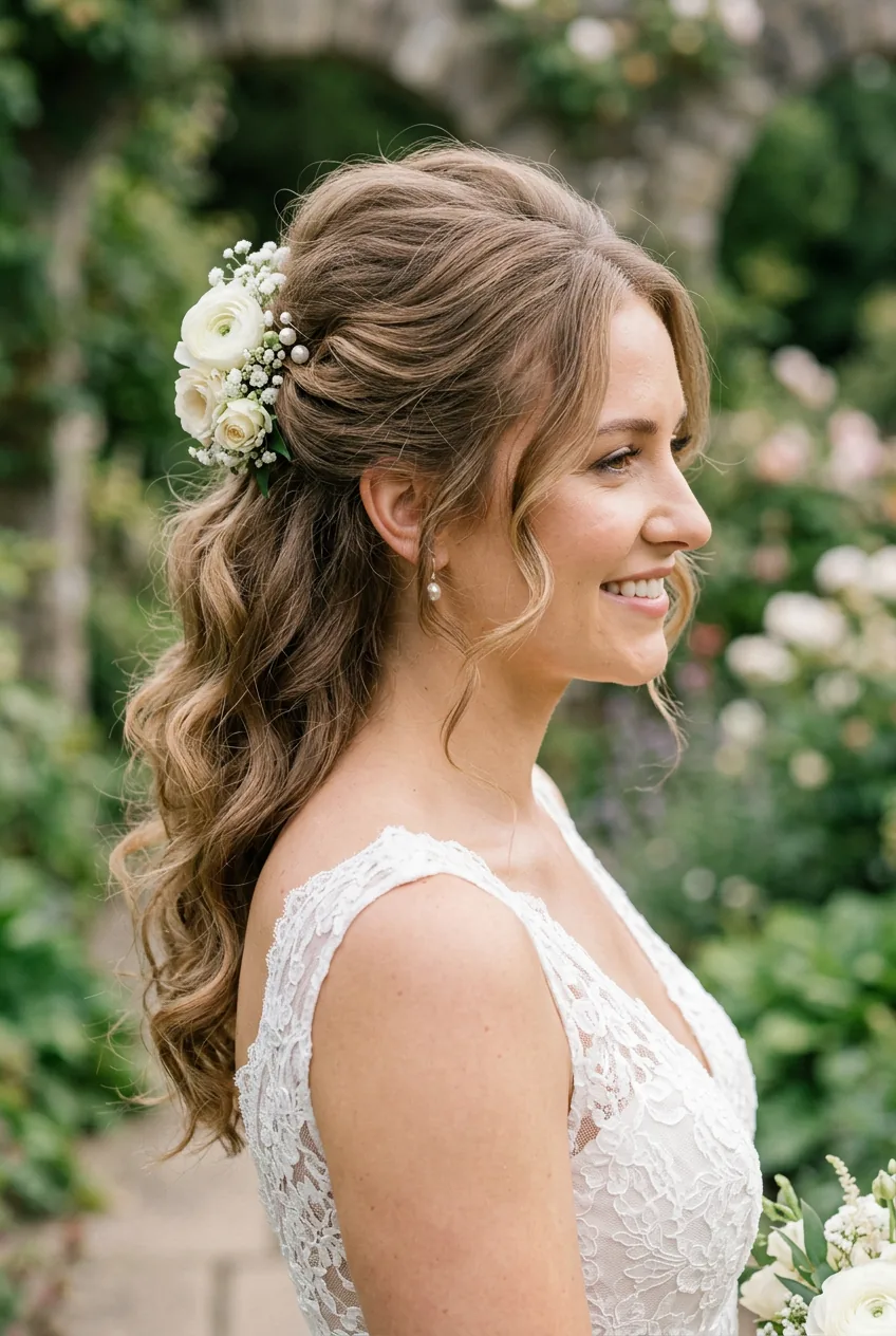 Completed bridal half up half down hairstyle showing volume at crown and loose romantic curls