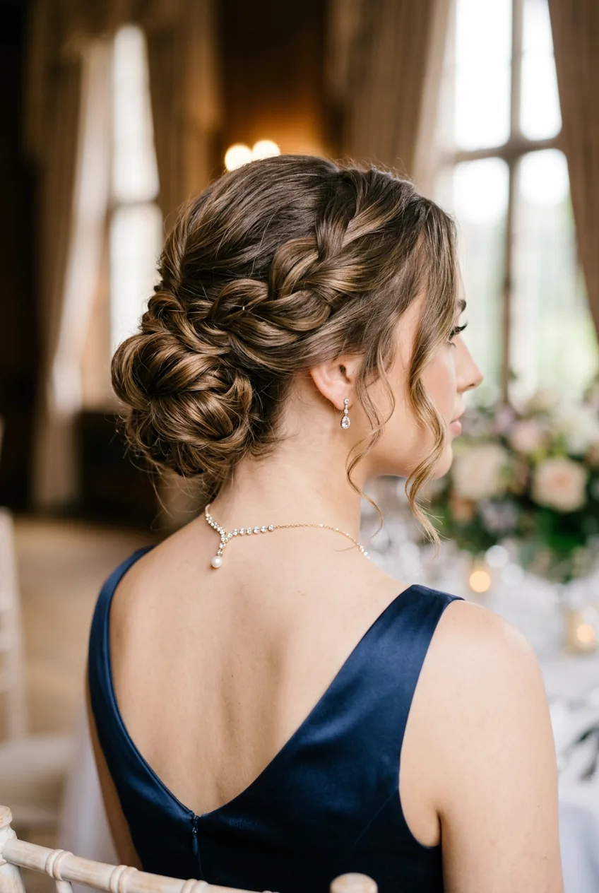 Finished prom updo from back angle showing complete styling with face-framing pieces