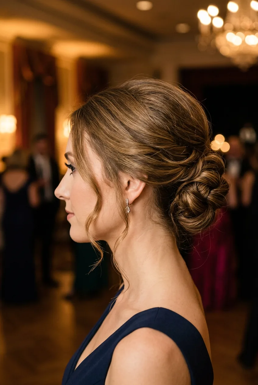 Profile view of completed elegant updo with soft volume and face-framing pieces