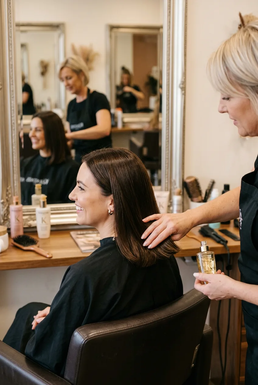 Stylist applying finishing serum to ends of perfectly styled shoulder length hair