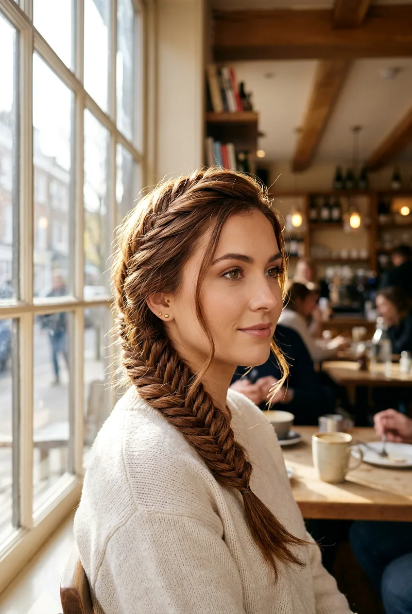 Woman with intricate fishtail braid swept over one shoulder in cafe window light