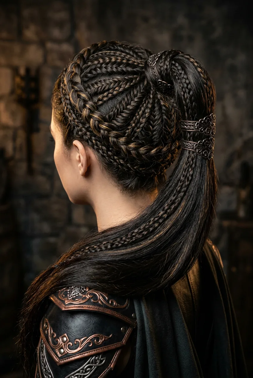 Detailed fishtail braid within ponytail showing complex crossing pattern and texture