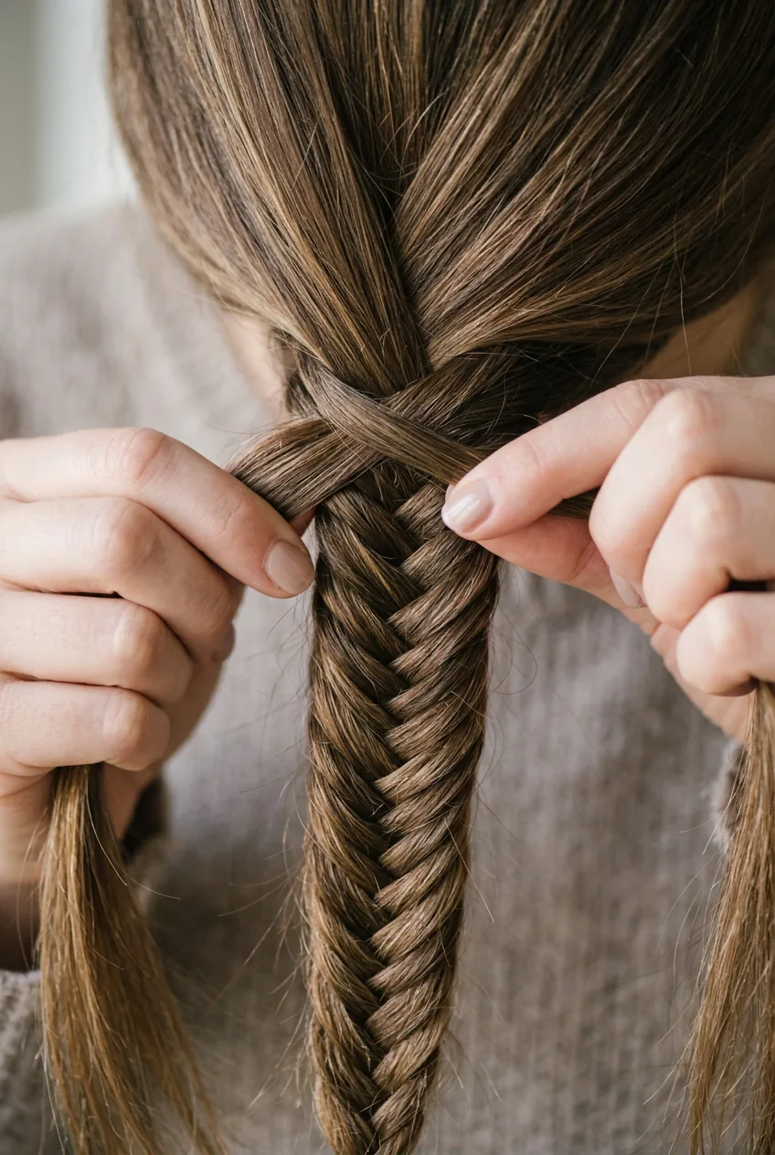 Hands demonstrating fishtail braid technique with thin sections crossing between main parts
