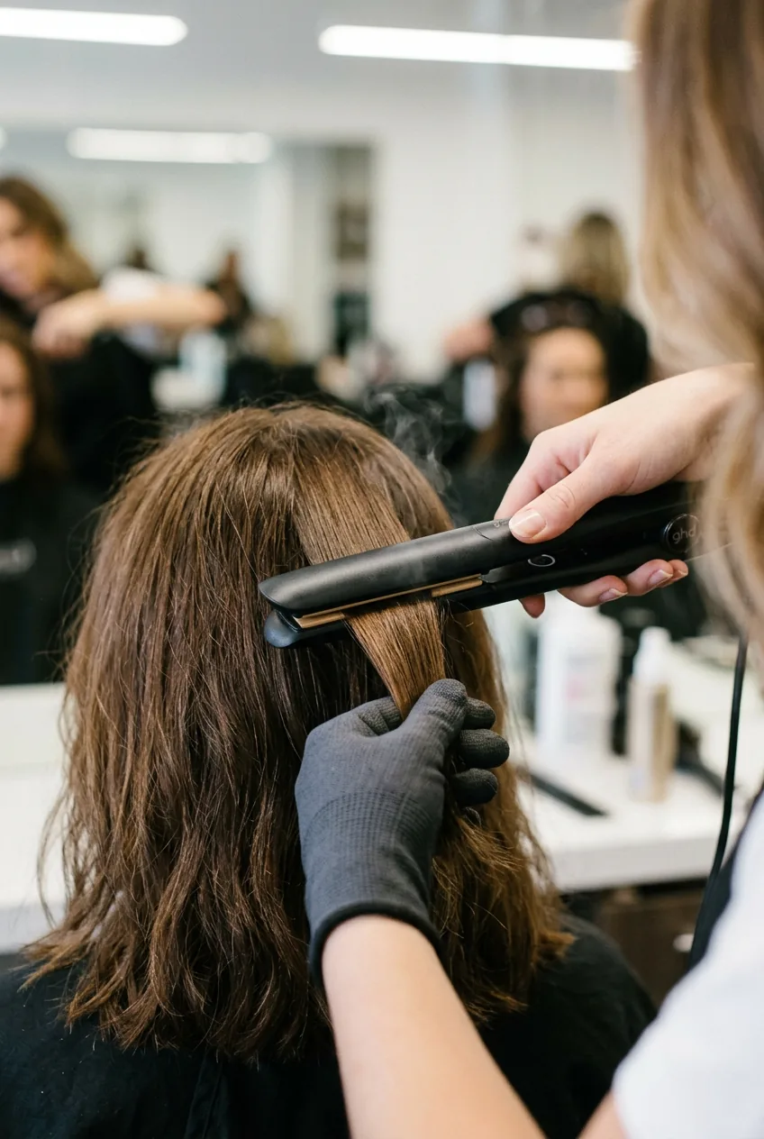 Close-up of flat iron gliding through section of shoulder length hair with steam rising