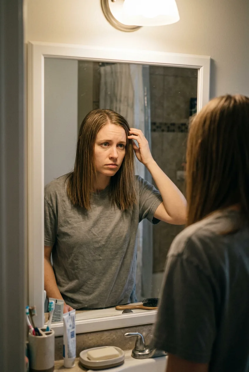 Woman with flat straight hair looking disappointed in bathroom mirror before styling
