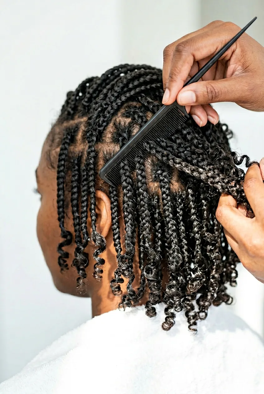 Detailed shot of rat-tail comb fluffing finished braids to create volume and enhance curl definition