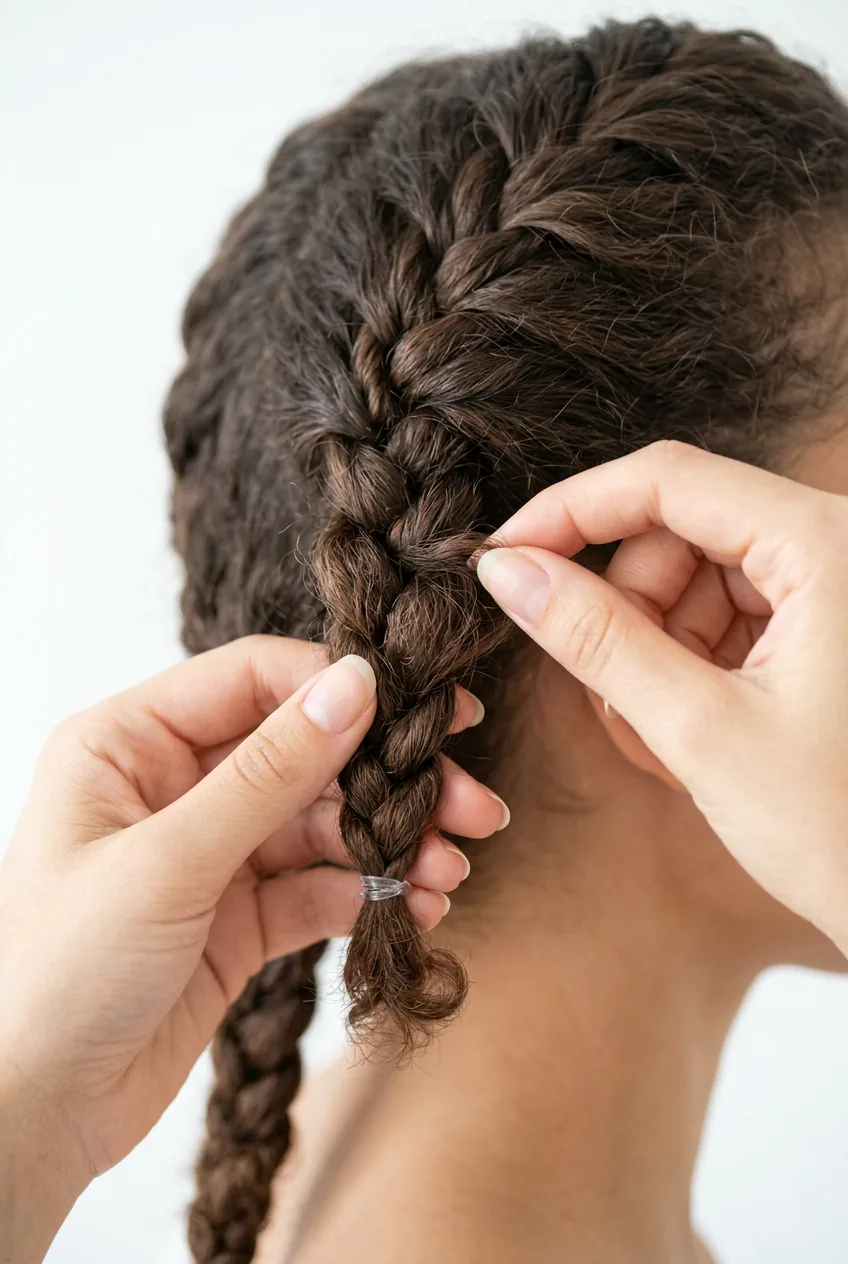 Hands gently pulling and fluffing secured hair twist to create natural volume and texture