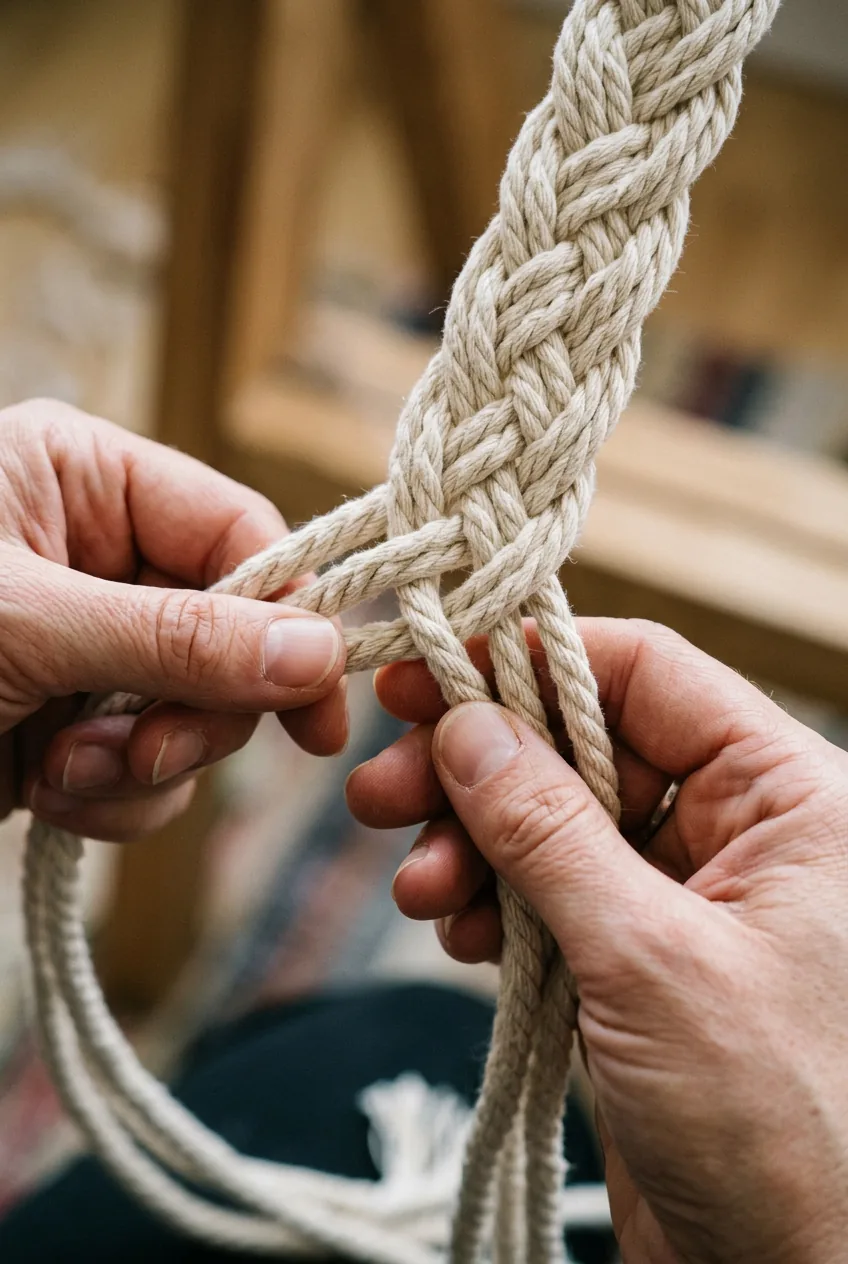 Detailed view of four-strand braid showing complex weaving pattern and rope-like texture