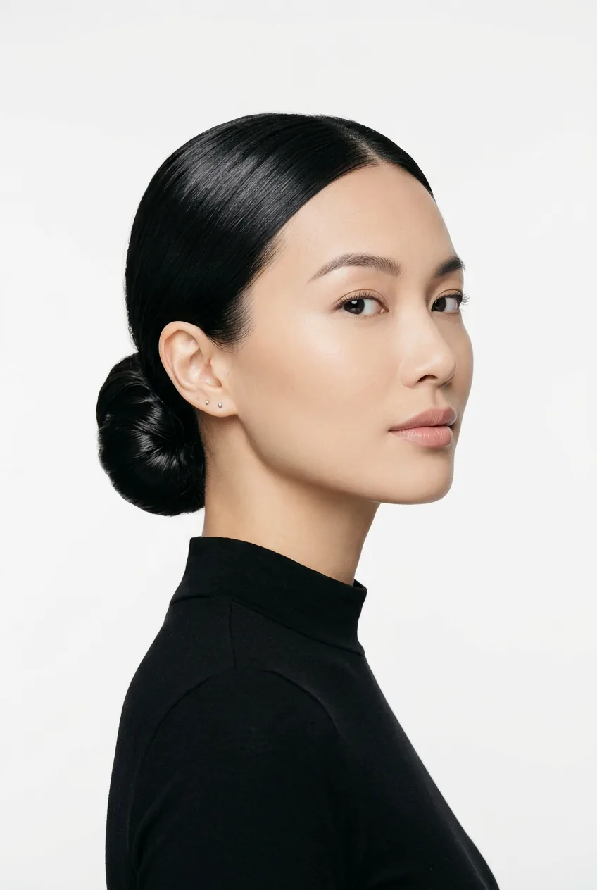 Woman with chestnut brown hair in French braid starting from crown with intricate weave pattern