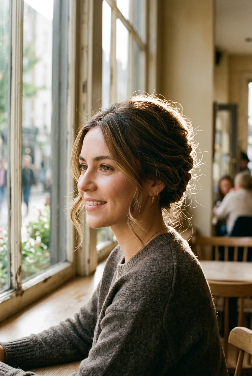 Woman with elegant French twist chignon and soft escaped pieces in window light