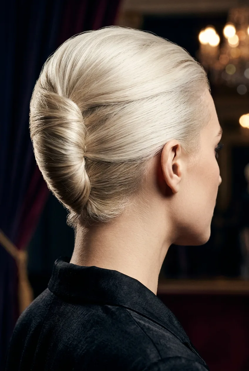 Side profile of advanced French twist chignon with perfectly rolled platinum blonde hair and dramatic lighting