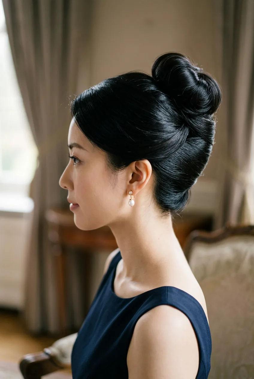 Elegant French twist flowing into high bun showing classic rolling technique